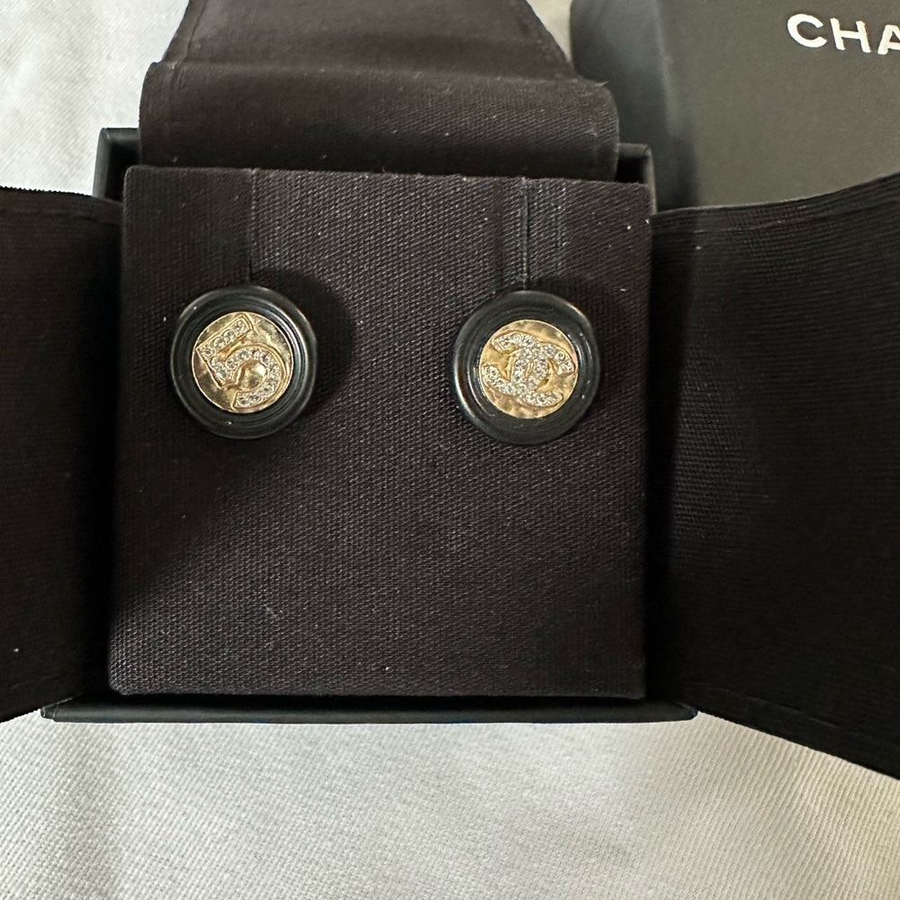 Chanel Black and Gold Button Earrings